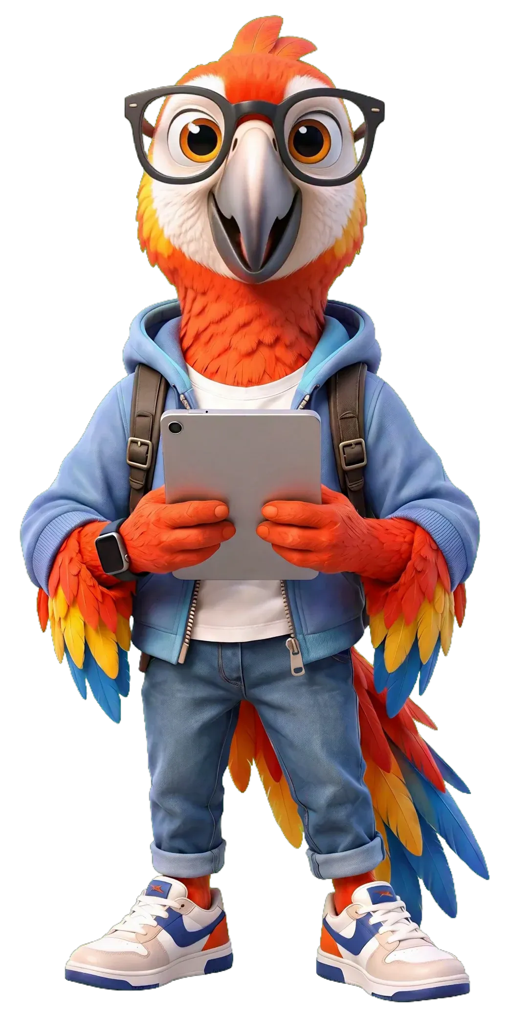 Pico the parrot with glasses, hoodie and tablet – the DieHomepage mascot